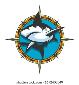 Jumping Shark on Wind rose background colorful emblem. Vector illustration.