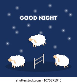 Jumping sheep at night. Good night sleep concept.