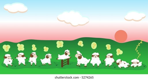 Jumping sheep on green grass, vector