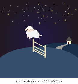 Jumping sheep over fence with midnight and starry sky for sleepy and sweet dream, cartoon style