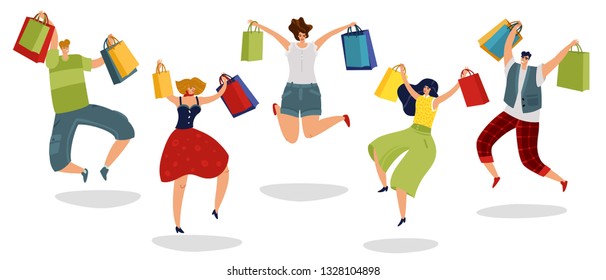 Jumping shopping people. Happy customers with gift bags supermarket men women shoppers in jump retail vector isolated cartoon concept
