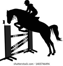  jumping show. horse with jockey jumping a hurdle silhouette - vector