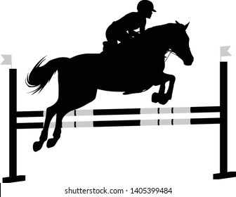 jumping show. horse with jockey jumping a hurdle silhouette - vector