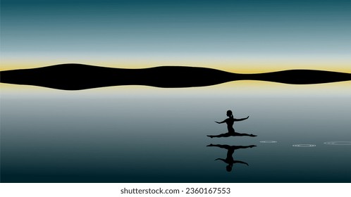 Jumping silhouette of sporty woman - ballerina jumps over water - lightness