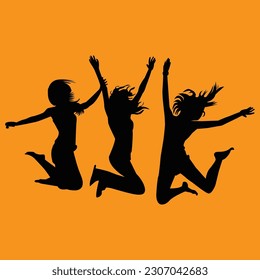 jumping silhouetted friends  vector art illustration
