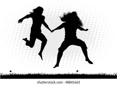 Jumping silhouettes of girls - a scene from nature