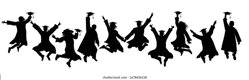 Jumping silhouettes of graduates in square academic caps and mantles, icons. Vector illustration