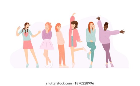 Jumping, singing, dancing happy girl with positive emotion. Casual young multiracial woman screaming, smiling shy, laughing, flirting, greeting, feeling happiness vector illustration isolated on white