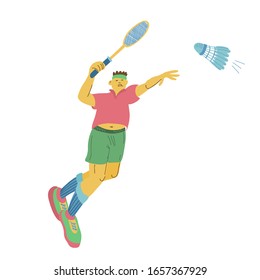  A jumping single badminton player swinging his racket to  beat off a shuttlecock.  Great sport poster. Vector illustration isolated on white background. 