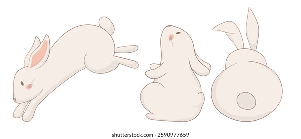 Jumping, sitting, and back-view bunny icon. One rabbit is mid-leap, another sits upright, and the third is shown from behind. A harmonious and minimalist animal illustration