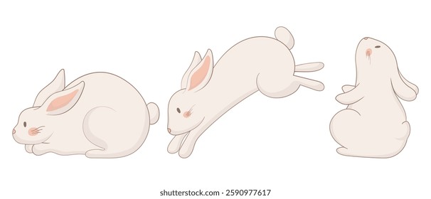 Jumping, sitting, and resting bunny icon. One rabbit is mid-leap, another sits upright looking up, and the third is lying down. A playful and balanced animal illustration