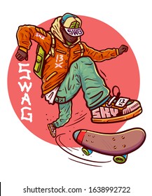 Jumping skater doing skateboard trick Kickflip. Young guy on skateboard with backpack behind. African American guy rotates board under his feet. Tshirt design, vector illustration for merch. Tee print