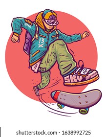 Jumping skater doing skateboard trick Kickflip. Young guy on skateboard with backpack behind. Cool Boy rotates skateboard under his feet. T shirt design - vector illustration for merch. Tee graphics