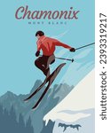 jumping skier extreme winter sport. ski travel vintage poster in chamonix mont blanc vector illustration design