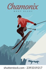 jumping skier extreme winter sport. ski travel vintage poster in chamonix mont blanc vector illustration design