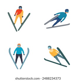 Jumping skier icons set cartoon vector. Ski jumping athlete. Winter sport