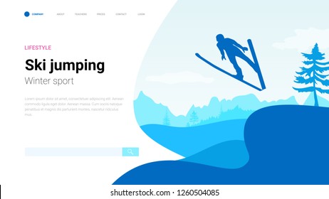 Jumping skier silhouette. Mountain landscape. Skier in motion. Winter Sport.  Landing page template. Vector illustration.  