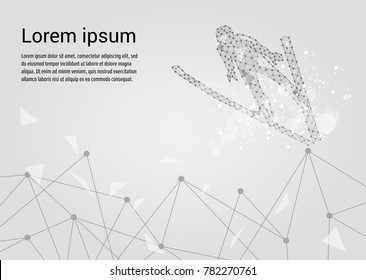 Jumping skier silhouette on gray background, connecting dots and lines. Winter Sport. Light connection structure. Low poly vector background. 
