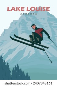 jumping skiers illustration poster design, lake louise vintage poster design