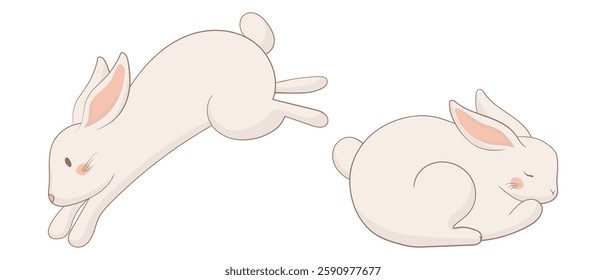 Jumping and sleeping bunny icon. One rabbit is mid-leap, full of energy, while the other is curled up asleep. A simple and charming animal illustration representing motion and rest