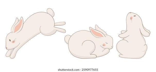 Jumping, sleeping, and sitting bunny icon. One rabbit leaps energetically, another is curled up asleep, and the third sits upright. A charming and balanced animal illustration