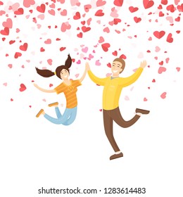 Jumping smiling girl with boy vector. Springing people with good mood giving five each other. Holiday card decorated by red hearts, Valentine postcard