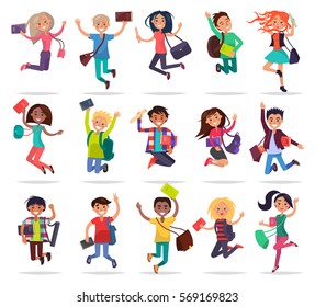 Jumping smiling people with bags and books in raised hands. Collection of students full of joy and delight about passing exams well on white. Vector illustration of students freedom and happiness