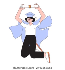Jumping smiling student learn online in university or courses. Graduate character with gown and hat recieve diploma. Self-development or training, seminar, webinar or learning online concept.
