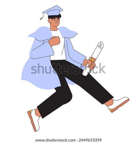 Jumping smiling student learn online in university or courses. Graduate character with gown and hat recieve diploma. Self-development or training, seminar, webinar or learning online concept.