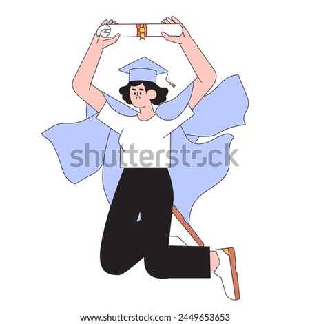 Jumping smiling student learn online in university or courses. Graduate character with gown and hat recieve diploma. Self-development or training, seminar, webinar or learning online concept.