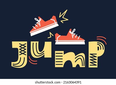 Jumping sneakers on text. Red sports shoes on a dark background. Handwritten lettering in cartoon style. Wide dynamic text. Text jump illustration.