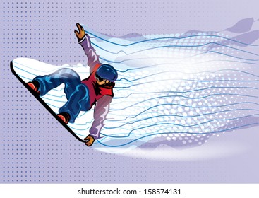 Jumping snowboarder. Motion in air. Vector illustration