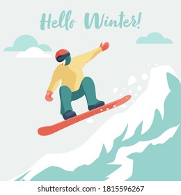 Jumping snowboarder on snow mountains on light background vector flat cartoon illustration. Lettering Hello Winter. Winter card, poster. New year style, holidays vibes. Winter sport and recreation.