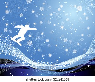 Jumping  snowboarder over abstract line background with snowflakes. Vector illustration.