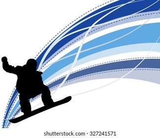 Jumping  snowboarder silhouette  over abstract line background. Vector illustration.