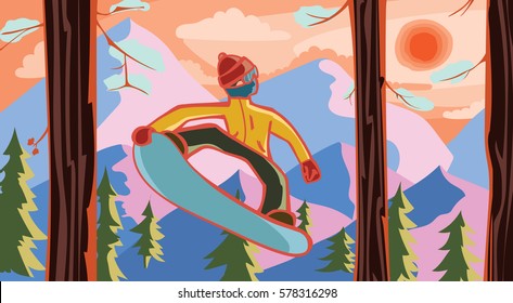 jumping snowboarder skating through the sunset forest