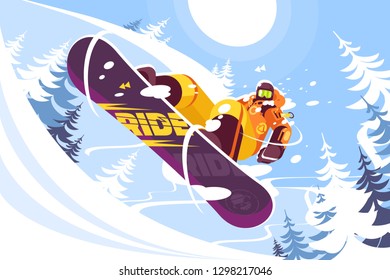 Jumping snowboarder in trendy suit flat style vector illustration. Well-dressed man in bright orange sportswear. Winter and sport concept. Snowy trees on background