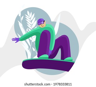 Jumping snowboarder in trendy suit flat style vector illustration. Winter and sports concept. Abstract background