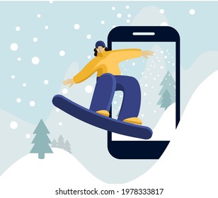 Jumping snowboarder in trendy suit flat style vector illustration. Winter and sports concept with photo for social media. Capturing the moment on camera. Abstract background
