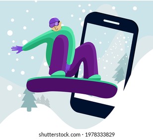 Jumping snowboarder in trendy suit flat style vector illustration. Winter and sports concept with photo for social media. Capturing the moment on camera. Abstract background