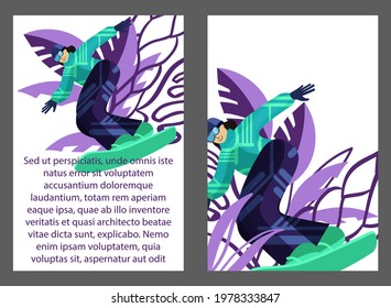 Jumping snowboarder in trendy suit flat style vector illustration. Winter and sports concept. Abstract background