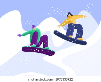 Jumping snowboarder in trendy suit flat style vector illustration. Winter and sports concept. Abstract background