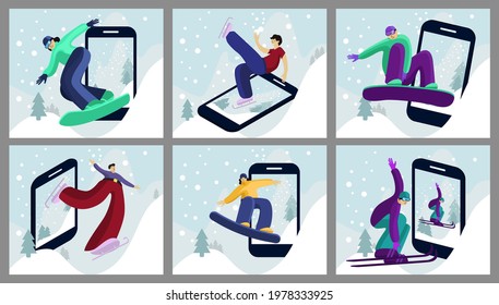Jumping snowboarder in trendy suit flat style vector illustration. Winter and sports concept with photo for social media. Capturing the moment on camera. Abstract background