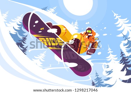 Jumping snowboarder in trendy suit flat style vector illustration. Well-dressed man in bright orange sportswear. Winter and sport concept. Snowy trees on background