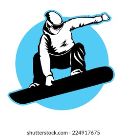 Jumping snowboarder. Vector sign branding identity corporate logo.