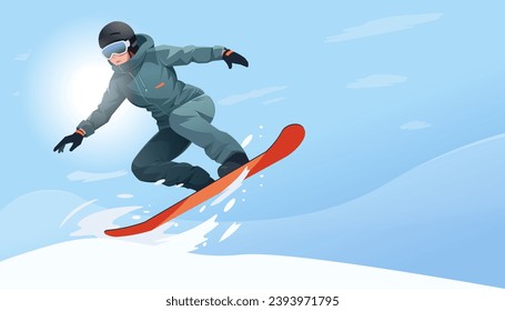 Jumping snowboarder in warm sport suit showing trick on snowboard. Special extreme equipment. Snowboarding concept. Downhill slope. Winter holiday active lifestyle. Vector illustration
