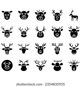 Jumping and standing deer, elk, antlers and antlers, deer head dolls and rolls. Thin line art icons set. Modern black symbol isolated on white for infographics or web use.