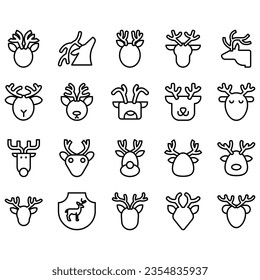 Jumping and standing deer, elk, antlers and antlers, deer head dolls and rolls. Thin line art icons set. Modern black symbol isolated on white for infographics or web use.