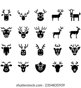 Jumping and standing deer, elk, antlers and antlers, deer head dolls and rolls. Thin line art icons set. Modern black symbol isolated on white for infographics or web use.