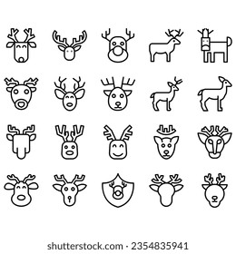 Jumping and standing deer, elk, antlers and antlers, deer head dolls and rolls. Thin line art icons set. Modern black symbol isolated on white for infographics or web use.